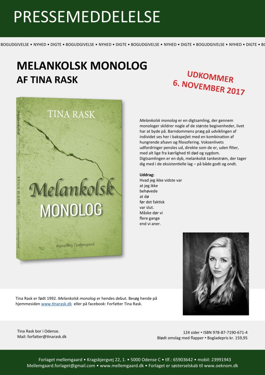 Pressemeddelelse fra forlaget Mellemgaard vedr Melankolsk Monolog